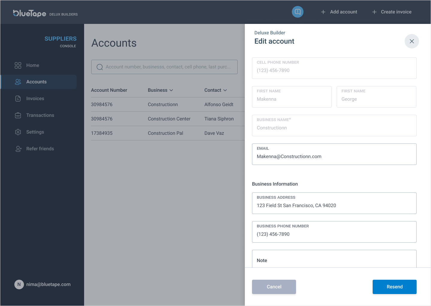 suppliers accounts screen