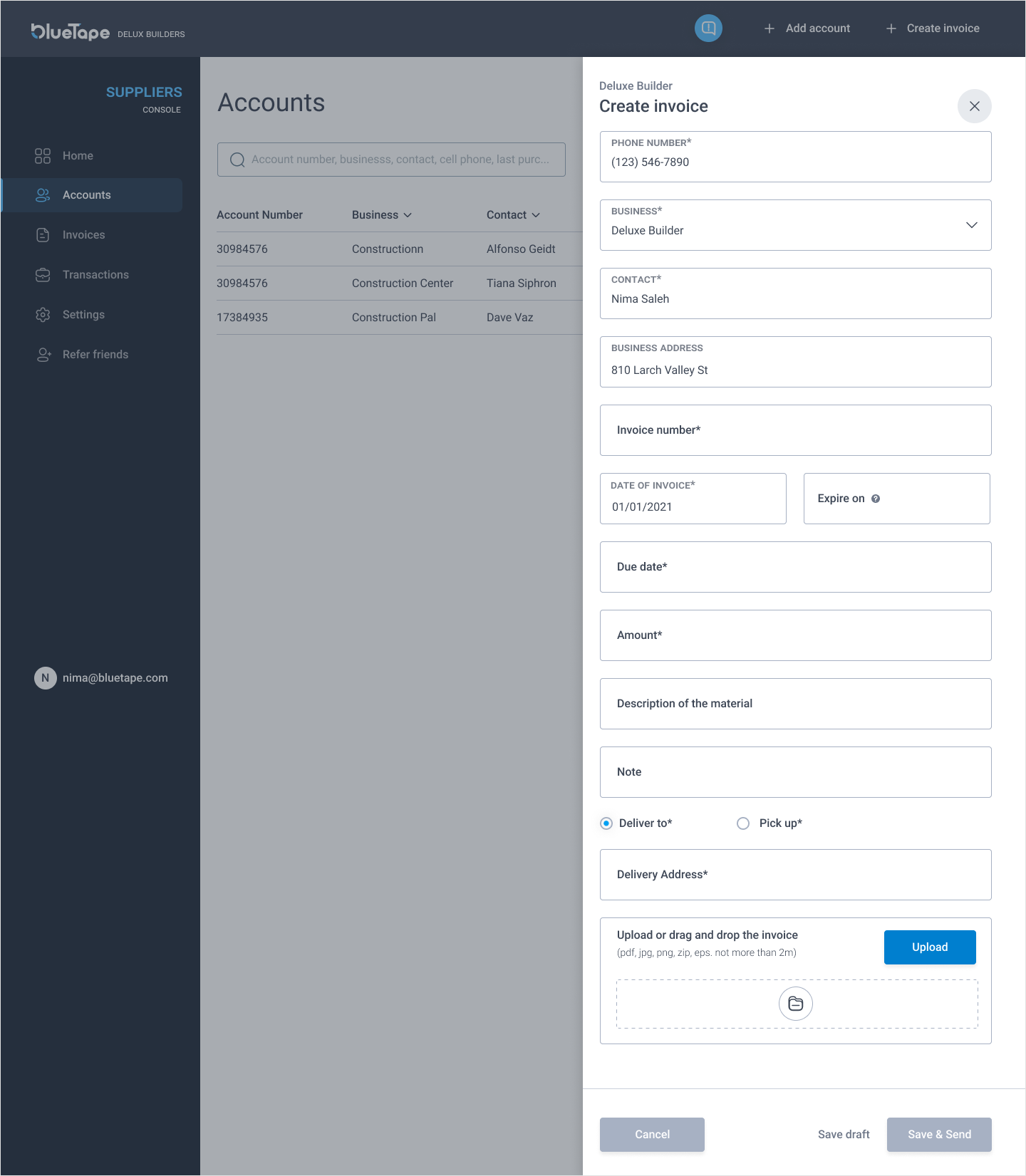 suppliers accounts screen