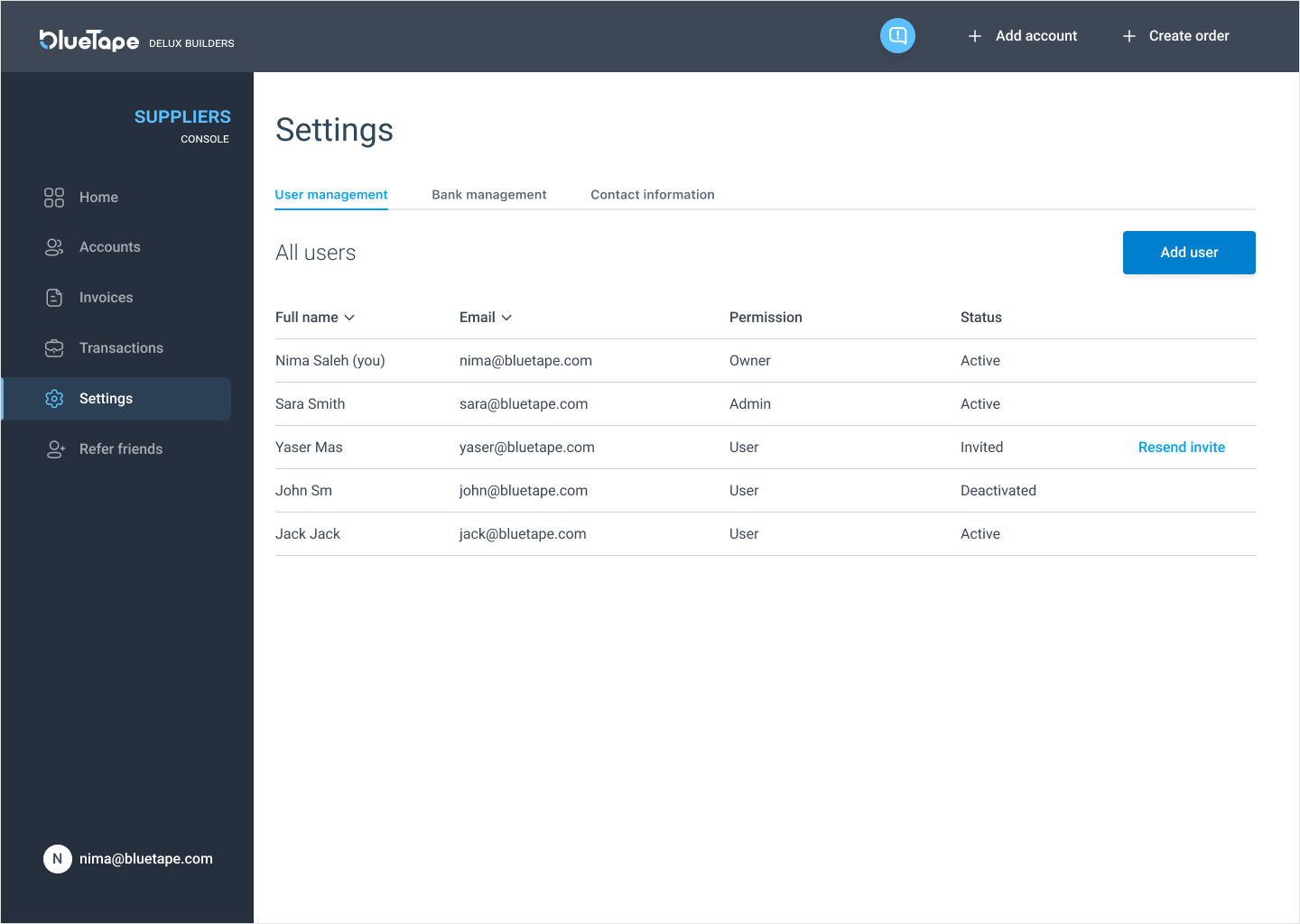 suppliers setting screen