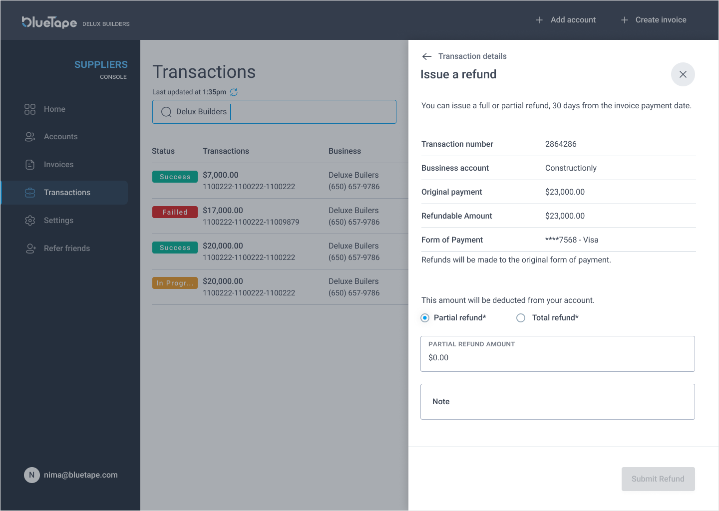 suppliers transaction screen