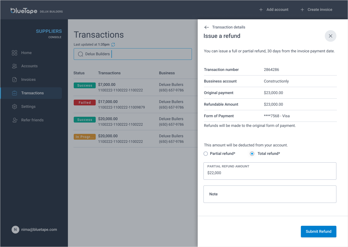 suppliers transaction screen